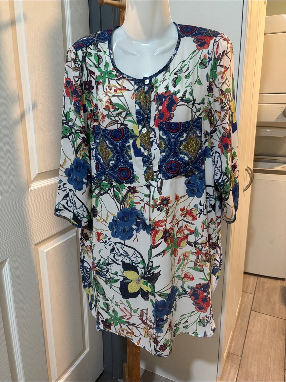 Women's Floral Patchwork Tunic Top - Blue & Multicolor